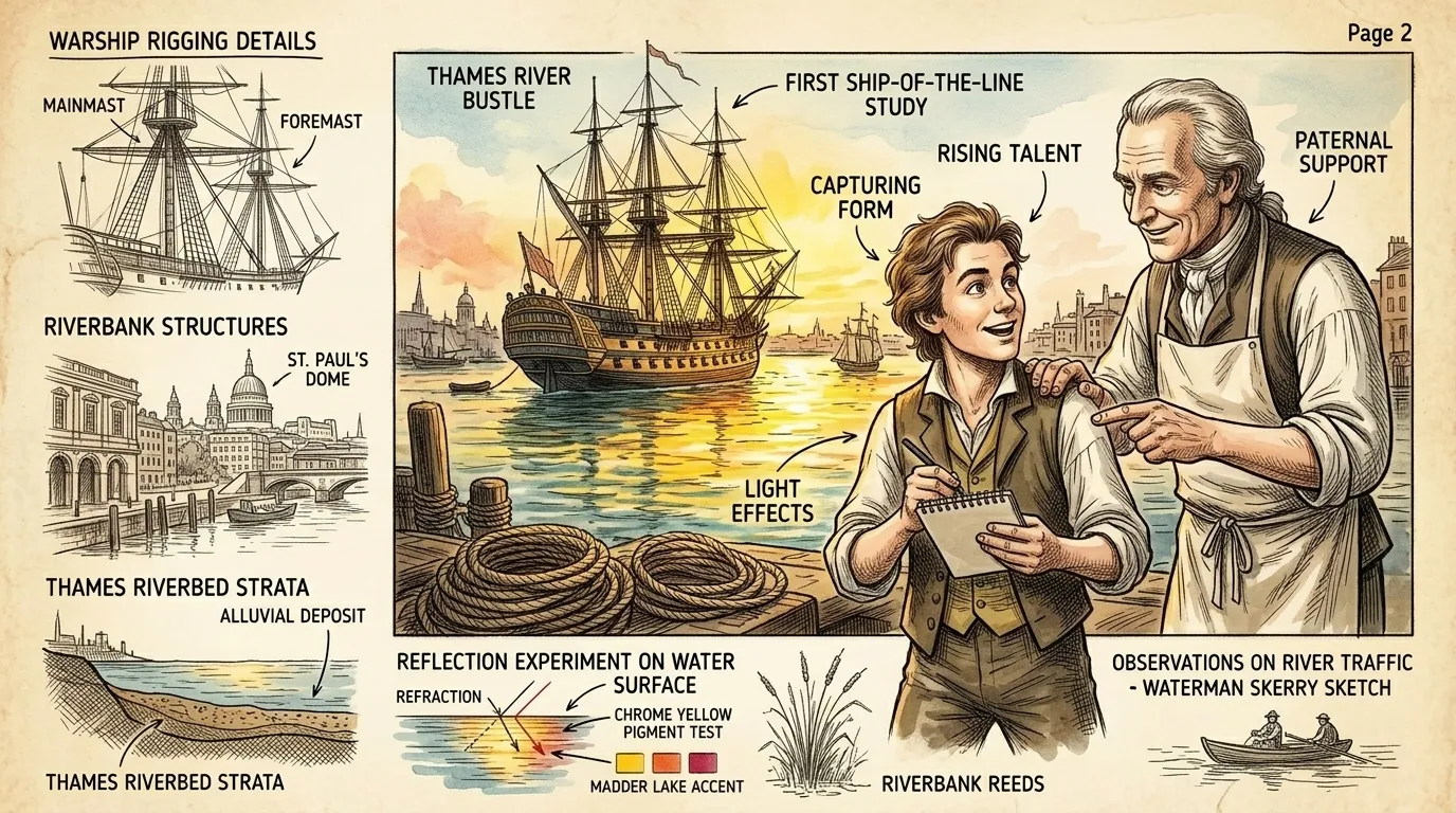 Young Joseph, barely a teenager, sketches furiously by the banks of the Thames. The bustling river, teeming with ships of all sizes, captivated him. Young Joseph, barely a teenager, sketches furiously by the banks of the Thames. The bustling river, teeming with ships of all sizes, captivated him.