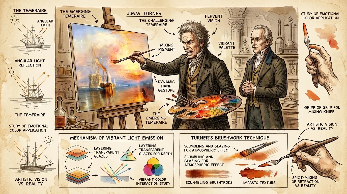 Back in his studio, Turner begins to work on The Fighting Temeraire. He spends countless hours experimenting with colors and techniques, striving to capture the… Back in his studio, Turner begins to work on The Fighting Temeraire. He spends countless hours experimenting with colors and techniques, striving to capture the…