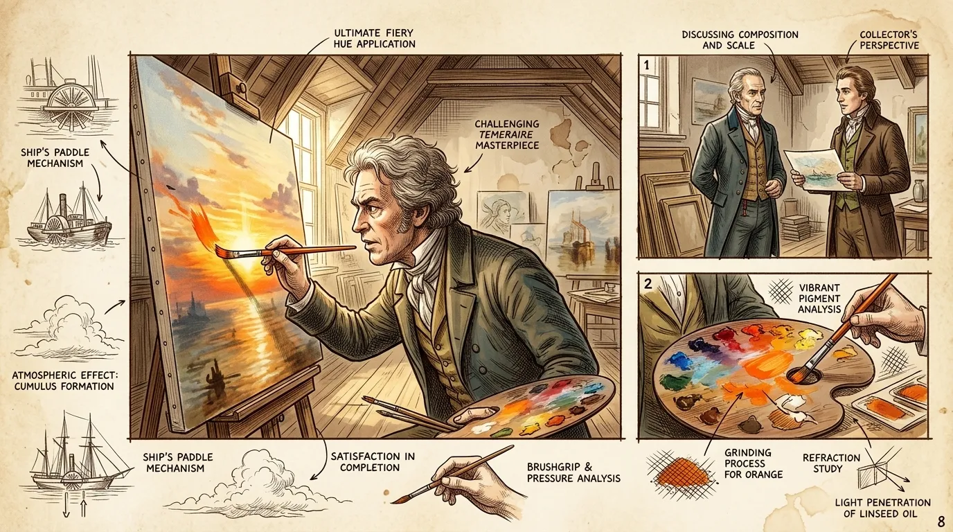 The painting nears completion. Turner adds the final touches, carefully balancing the colors and composition. He wants to evoke a sense of both loss and… The painting nears completion. Turner adds the final touches, carefully balancing the colors and composition. He wants to evoke a sense of both loss and…