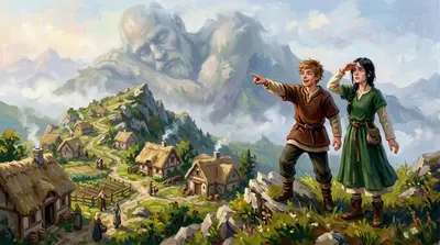 "Look, Elara, isn't it magnificent?" Finn shouted, pointing towards the distant mountain peaks that brushed against the clouds.