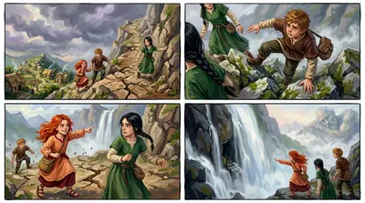 The journey to Whispering Falls was treacherous. Jagged rocks and slippery moss made each step a challenge. "We'll never make it!" Finn huffed, stumbling.