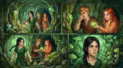 Inside the passage, the air grew thick and heavy. Strange, glowing fungi illuminated the damp walls. "Ugh, what's that smell?" Finn gagged, pinching his nose.
