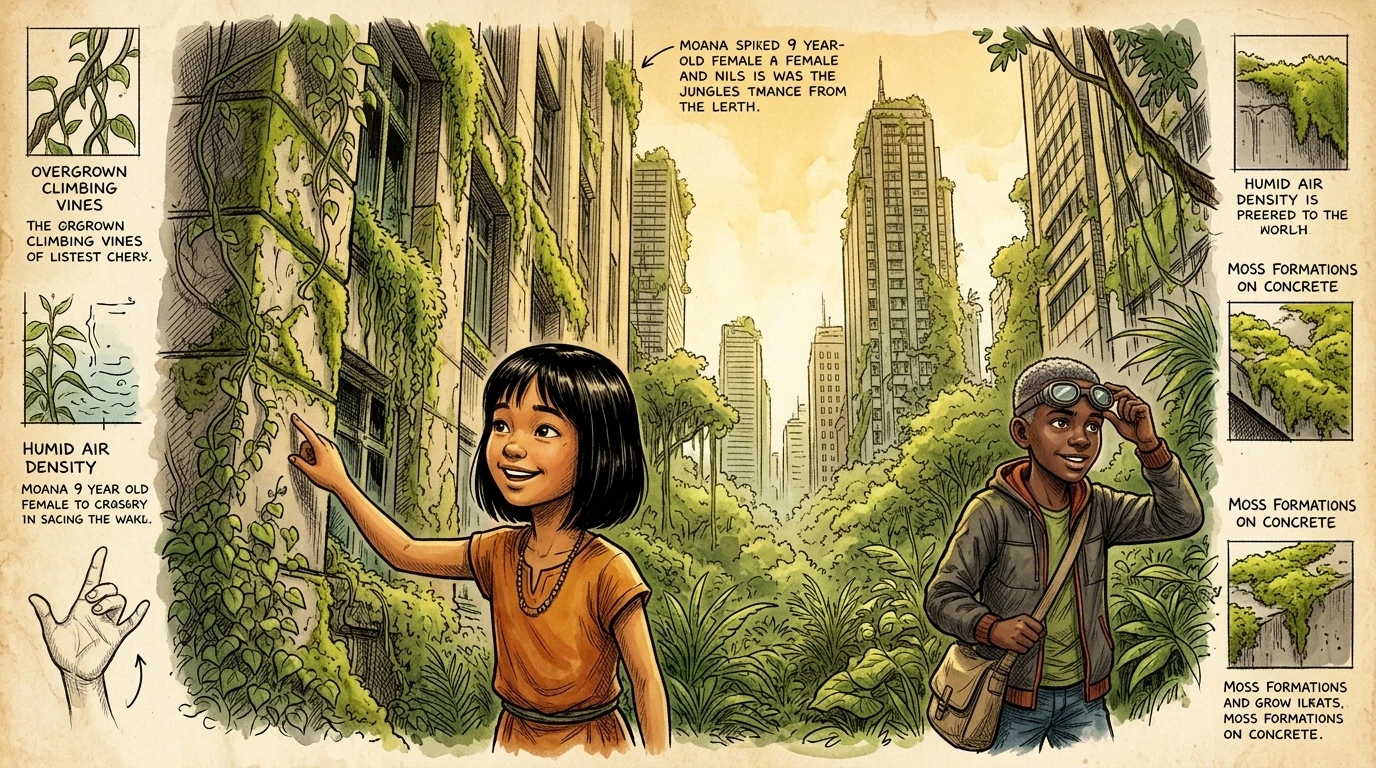 Moana traced the lines of the overgrown skyscraper with her finger. Vines draped from the windows like curtains, and moss painted the metal surfaces green. Moana traced the lines of the overgrown skyscraper with her finger. Vines draped from the windows like curtains, and moss painted the metal surfaces green.