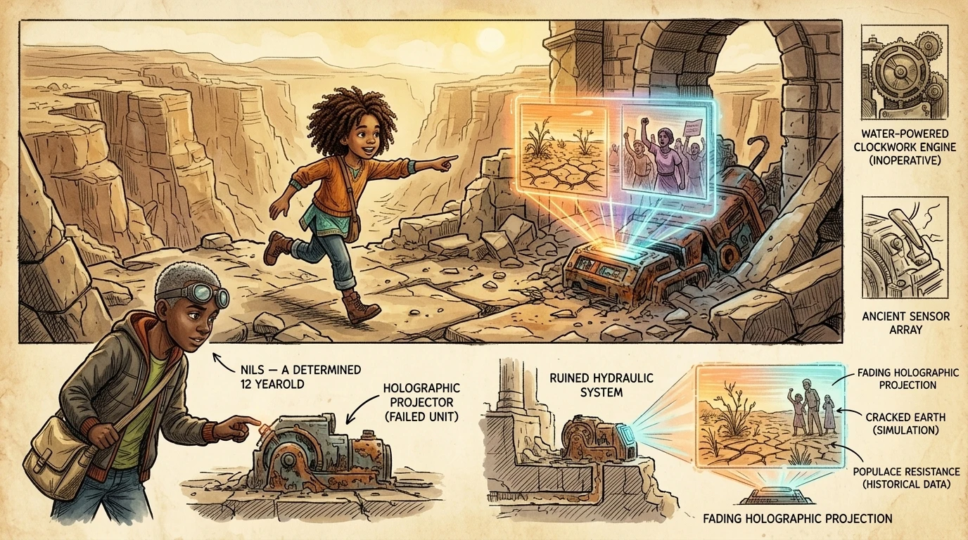 "Look!" Nadia called, running towards a holographic display flickering amidst the ruins. "It's a museum exhibit about ancient farming!" The display showed… "Look!" Nadia called, running towards a holographic display flickering amidst the ruins. "It's a museum exhibit about ancient farming!" The display showed…