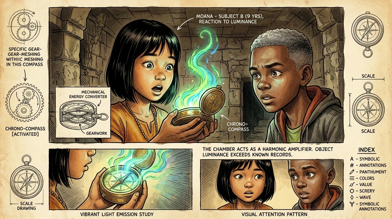 Moana gasped, her eyes wide. "The Brass Chrono-Compass! It's reacting to the hologram!" She pulled the compass from her vest pocket. Moana gasped, her eyes wide. "The Brass Chrono-Compass! It's reacting to the hologram!" She pulled the compass from her vest pocket.