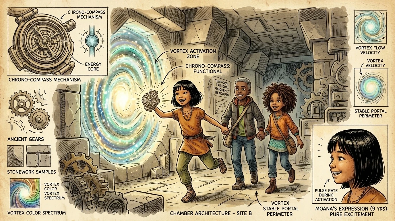 With a deep breath, Moana activated the Chrono-Compass. A swirling vortex of light shimmered into existence before them. With a deep breath, Moana activated the Chrono-Compass. A swirling vortex of light shimmered into existence before them.
