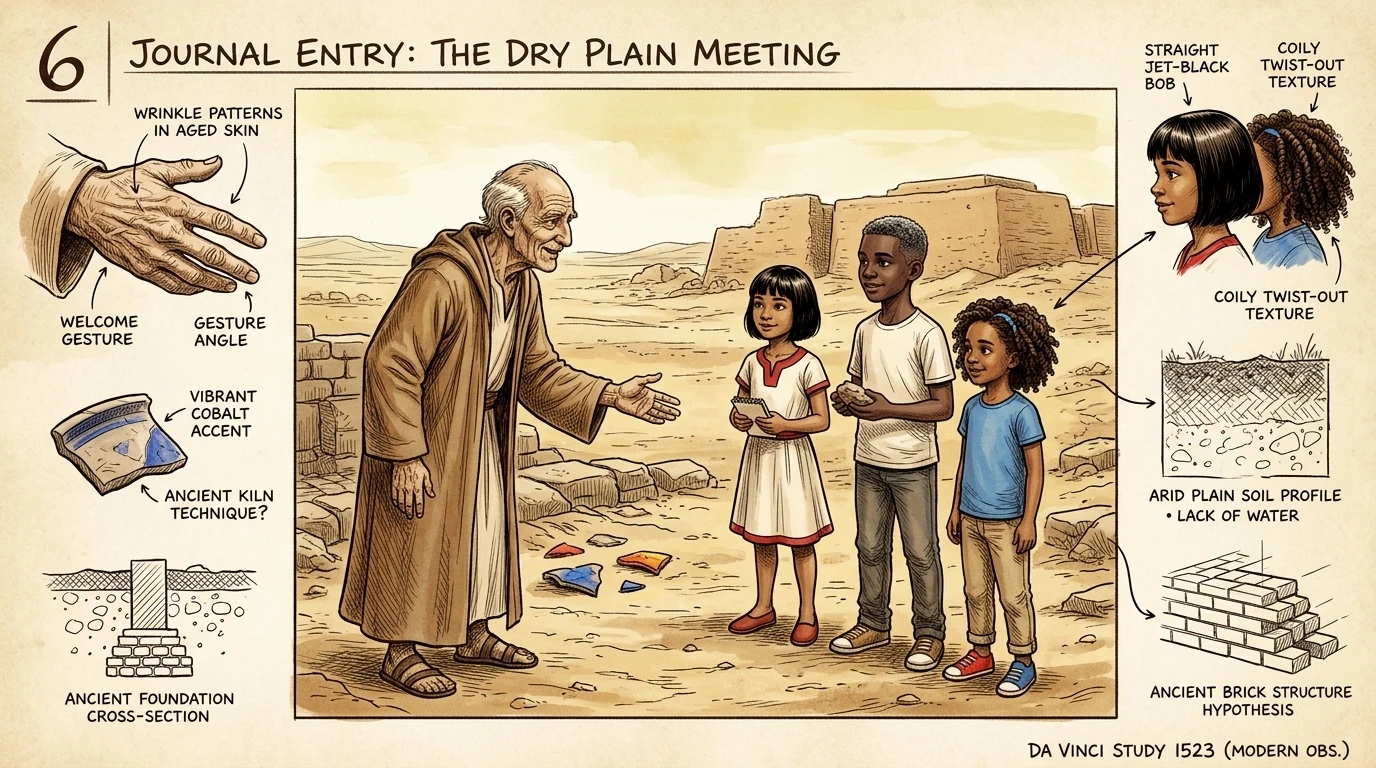 "Mesopotamia, around 3000 BCE," a voice said. An old man with a weathered face approached them. "I am Enlil. Welcome, travelers. "Mesopotamia, around 3000 BCE," a voice said. An old man with a weathered face approached them. "I am Enlil. Welcome, travelers.