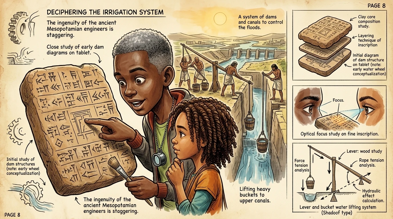 Nils pointed to a clay tablet. "This is amazing! You've even developed a system of dams and canals!" Workers used levers to lift heavy buckets of water. Nils pointed to a clay tablet. "This is amazing! You've even developed a system of dams and canals!" Workers used levers to lift heavy buckets of water.