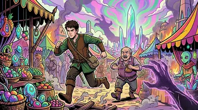 They fought their way through the chaotic marketplace, dodging demonic attacks and leaping over burning debris. 'Faster!' the merchant cried, stumbling behind… They fought their way through the chaotic marketplace, dodging demonic attacks and leaping over burning debris. 'Faster!' the merchant cried, stumbling behind…