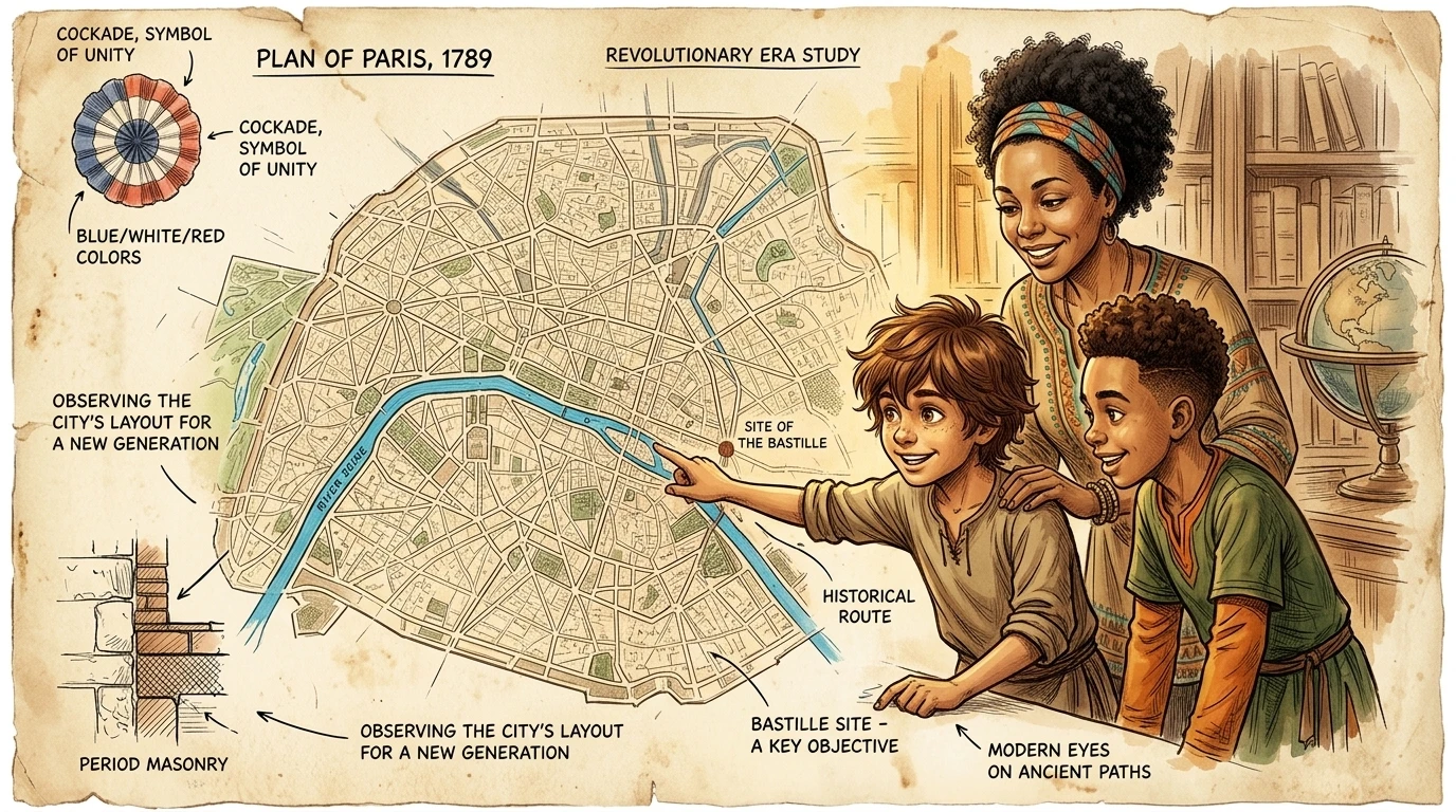 "We are in Paris, 1789," Marco said, pointing to a faded map of the city. The map detailed the various districts and key landmarks of pre-revolution Paris, with…