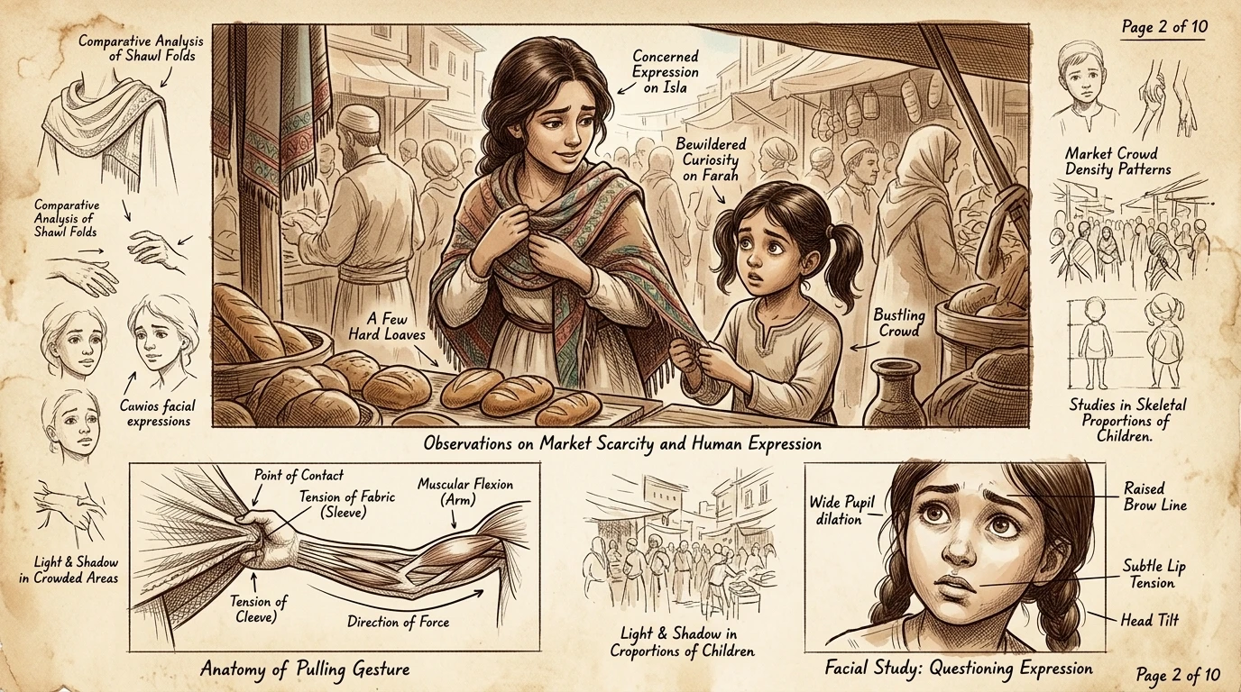 "Bread prices are soaring again, Farah," Isla sighed, adjusting her shawl at the crowded marketplace. Farah, eyes wide, stared at the meager loaves on display.