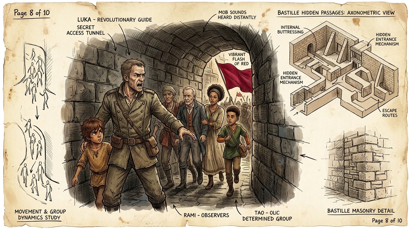 Days later, a mob surged towards the Bastille, chanting for freedom. Luka, remembering the map, led a small group through a secret passage.