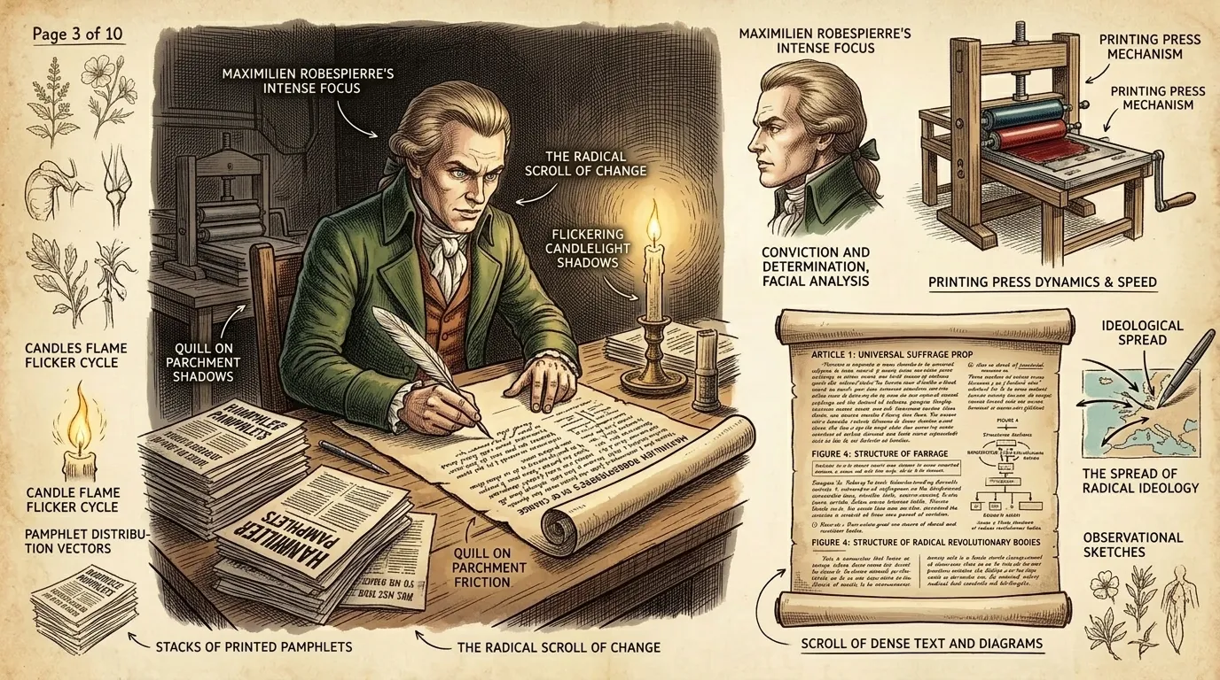 Across Paris, pamphlets circulated, spreading revolutionary ideas. Robespierre, a lawyer from Arras, scribbled furiously, preparing his next speech. Across Paris, pamphlets circulated, spreading revolutionary ideas. Robespierre, a lawyer from Arras, scribbled furiously, preparing his next speech.