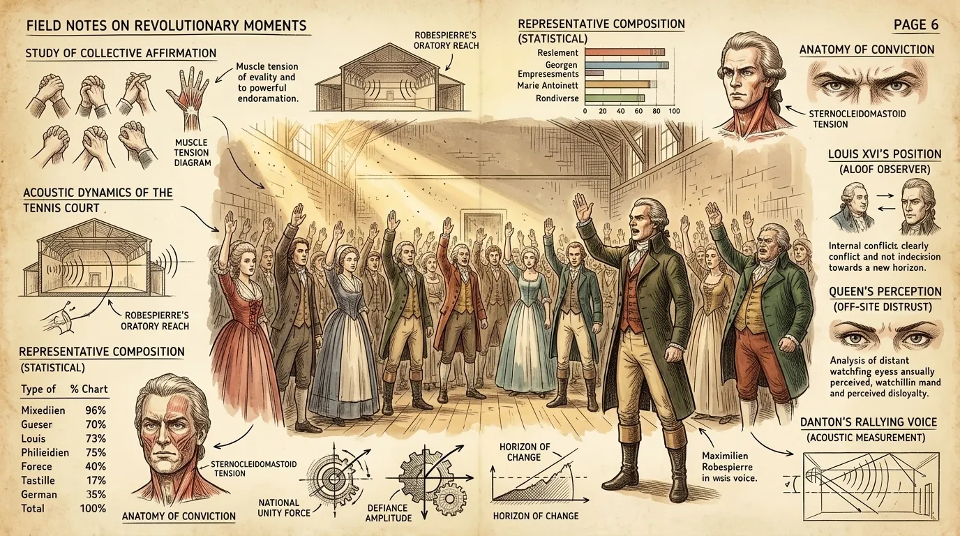 "We shall not leave until we have a constitution!" Jean-Sylvain Bailly proclaimed to the assembled representatives. The Tennis Court Oath was sworn. "We shall not leave until we have a constitution!" Jean-Sylvain Bailly proclaimed to the assembled representatives. The Tennis Court Oath was sworn.