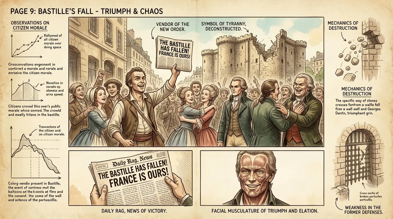After hours of fighting, the Bastille fell. News spread like wildfire. "The King is powerless!" shrieked a street vendor. After hours of fighting, the Bastille fell. News spread like wildfire. "The King is powerless!" shrieked a street vendor.