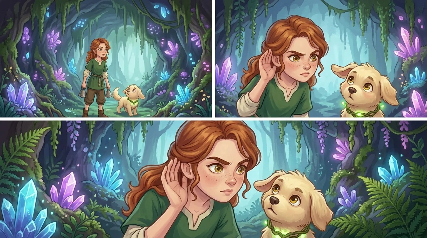 The music grew stronger, echoing off unseen walls. Elara held Lumi’s hand tighter as they navigated a winding path carved into the rock.