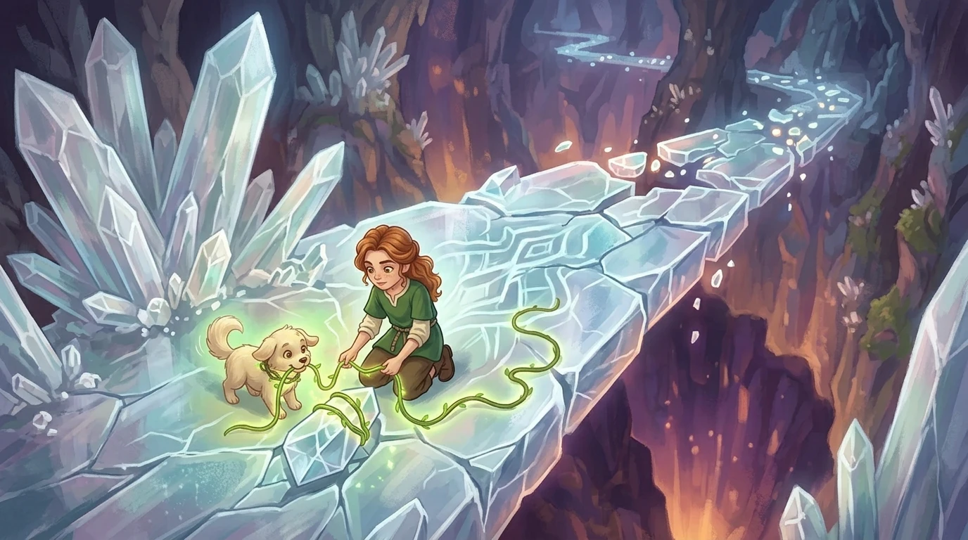 Elara and Lumi carefully wove glowing vines around the cracked crystals, creating a makeshift support structure. With each vine, the crystal bridge seemed to…