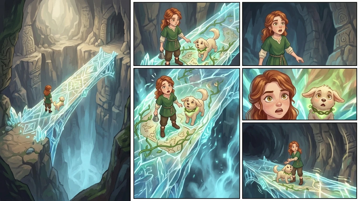 Following the crystal map, they carefully crossed the bridge. Suddenly, a booming voice echoed, "WHO CROSSES MY BRIDGE?" The crystals shivered under their feet.
