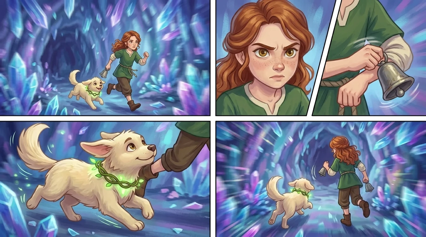 "We have to stop it, Lumi!" Elara exclaimed. Lumi, thinking fast, said, "Remember what you read about the bells? If we can make the crystals sing, maybe it will…