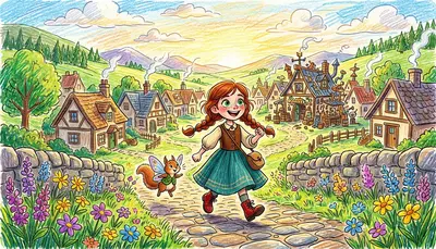 Lila se adelantó, sus botas rojas levantando polvo en el camino empedrado. "¡Date prisa, Pip!", le gritó a su pequeño y peludo compañero que venía detrás.