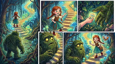 Mientras la melodía llenaba el bosque, pequeños hongos luminosos comenzaron a brotar del suelo del bosque. ¡Formaron una escalera brillante y luminiscente que…
