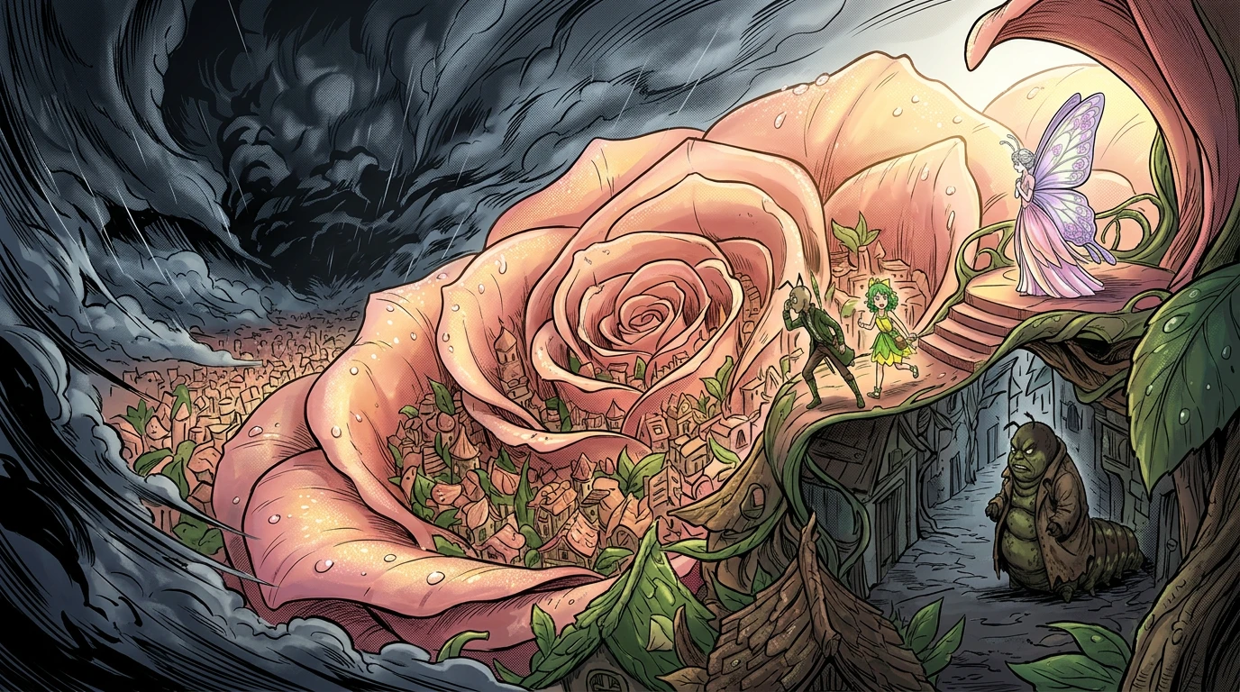 花园里,无形的生命嗡嗡作响。佩塔堡,这座坐落于一朵巨大玫瑰之中的城市,在晨露下闪闪发光。然而,在这充满活力的美丽之下,阴影正在涌动,低语着一场即将到… 花园里,无形的生命嗡嗡作响。佩塔堡,这座坐落于一朵巨大玫瑰之中的城市,在晨露下闪闪发光。然而,在这充满活力的美丽之下,阴影正在涌动,低语着一场即将到…
