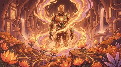 Un'ondata di pura energia eruttò dai fiori di fuoco, avvolgendo l'avatar del Glitch in un torrente di fiamme digitali. L'avatar urlò, la sua forma si distorceva…