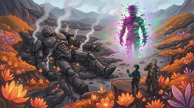 Il Guardiano, ora libero dal controllo del Glitch, crollò, la sua corazza metallica si raffreddò. Kai osservò mentre le fiamme digitali consumavano l'avatar.