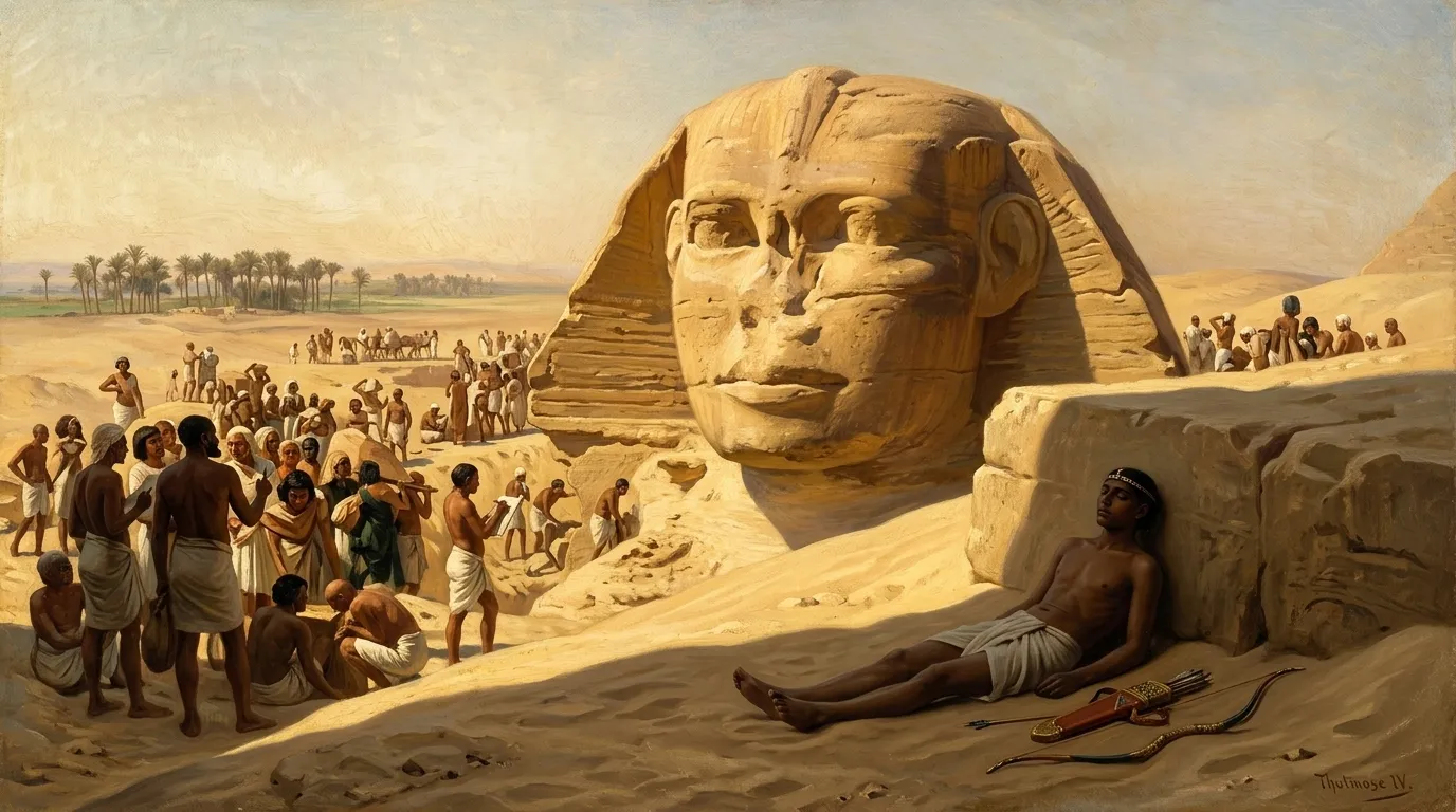 "{\"history\": \"在建成近十一世纪后，大斯芬克斯大部分被掩埋，一个巨大的头部从沙海中升起。那是第十八王朝，一个法老权力的新时代。
