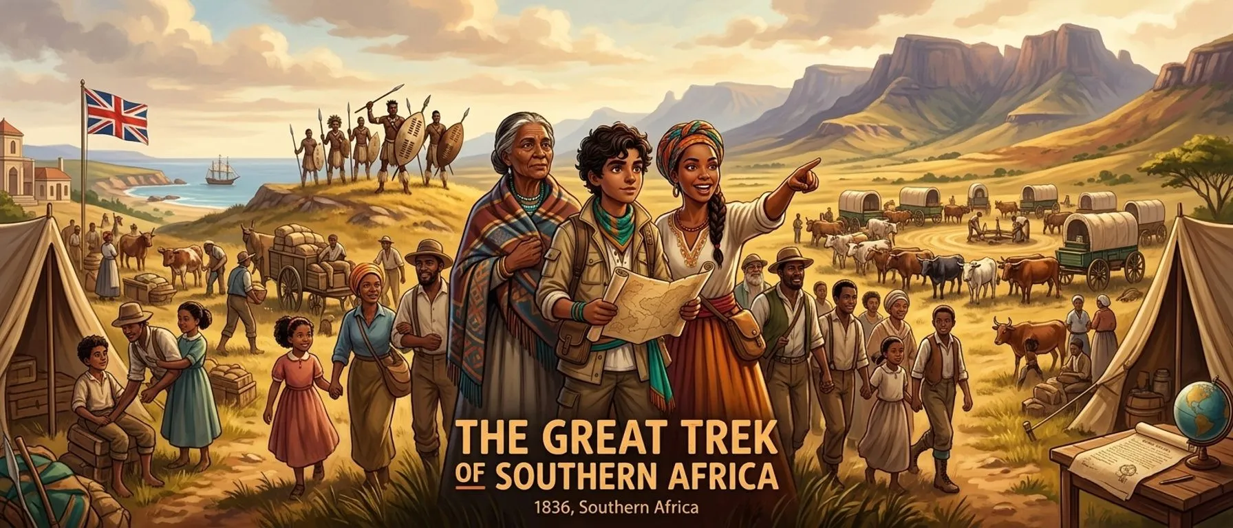 Cover illustration from “The Great Trek of Southern Africa (1836, Southern Africa)”, an illustrated story in Wonder History