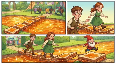 그들은 함께 조심스럽게 마멀레이드 샌드위치를 젤리 해자 위에 놓아 끈적하고 위태로운 다리를 만들었습니다. 페넬로페가 첫발을 내딛자 바나비는…