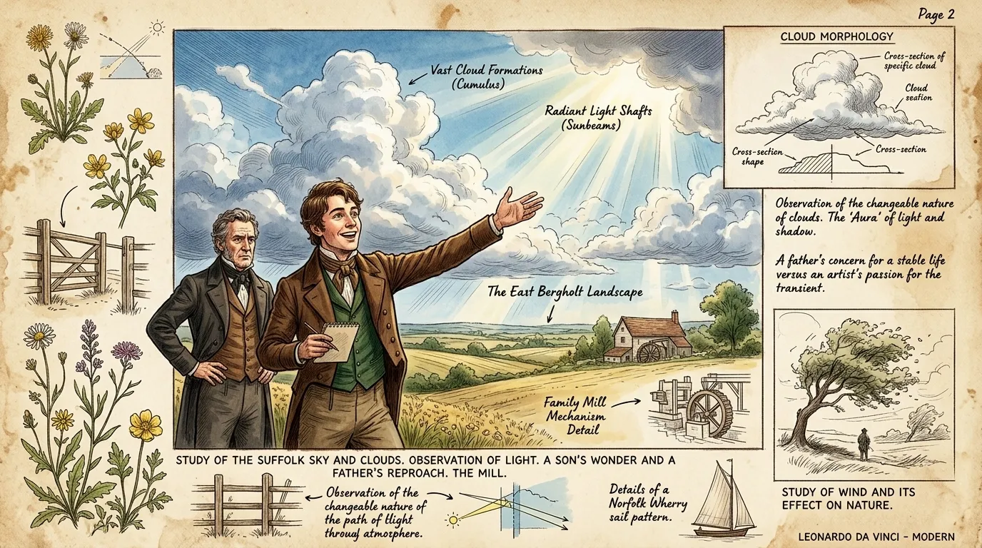 غالباً ما كان الشرطي الشاب، الذي لم يبلغ سن المراهقة بعد، يهرب من قيود مطحنة والده. كان يتجول في حقول إيست بيرغولت، سوفولك، حواسه حية بمشاهد وأصوات الريف. غالباً ما كان الشرطي الشاب، الذي لم يبلغ سن المراهقة بعد، يهرب من قيود مطحنة والده. كان يتجول في حقول إيست بيرغولت، سوفولك، حواسه حية بمشاهد وأصوات الريف.