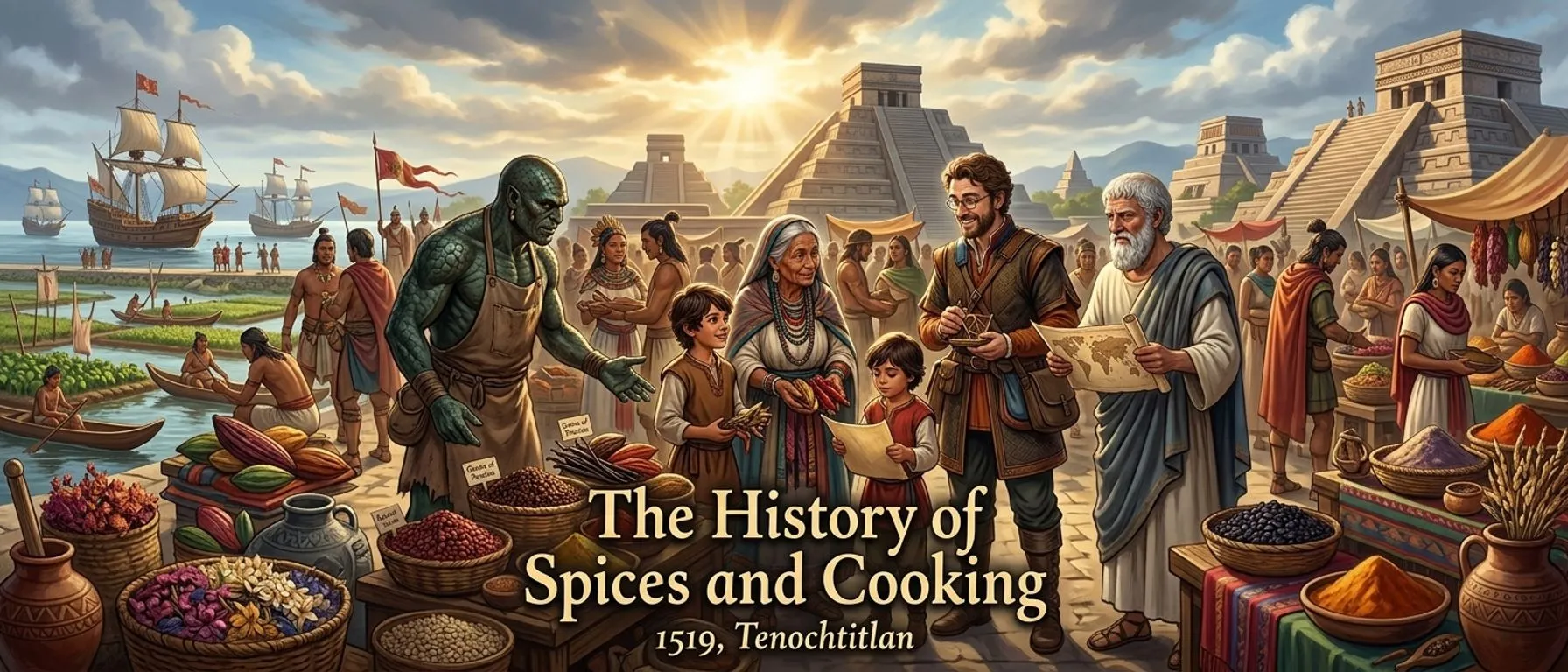 Wonder History의 삽화 이야기 “향신료와 요리의 역사 (1519, 테노치티틀란)”의 표지 삽화
