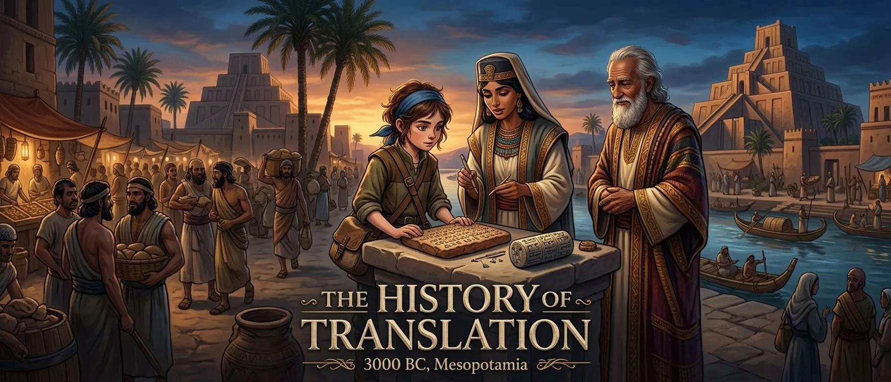 Cover illustration from “The History of Translation (3000 BC, Mesopotamia)”, an illustrated story in Wonder History