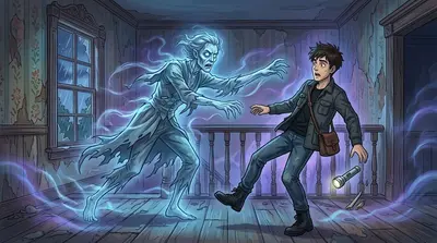 A spectral figure materialized before him, its eyes burning with malevolent intent. It lunged, a chilling shriek tearing through the air. A spectral figure materialized before him, its eyes burning with malevolent intent. It lunged, a chilling shriek tearing through the air.