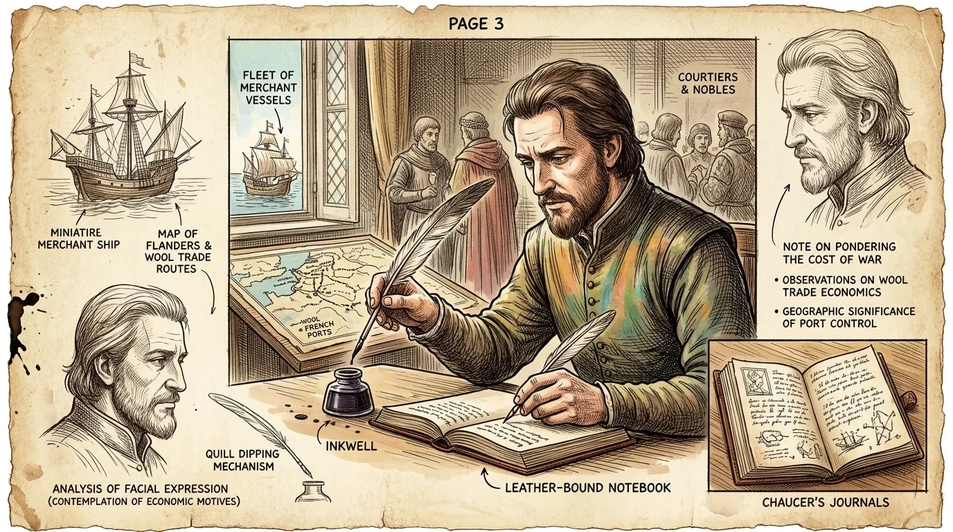 Geoffrey Chaucer, escribiendo en su cuaderno, escuchó a los consejeros reales discutir sobre las finanzas. "¡El comercio de lana con Flandes es vital, pero el…