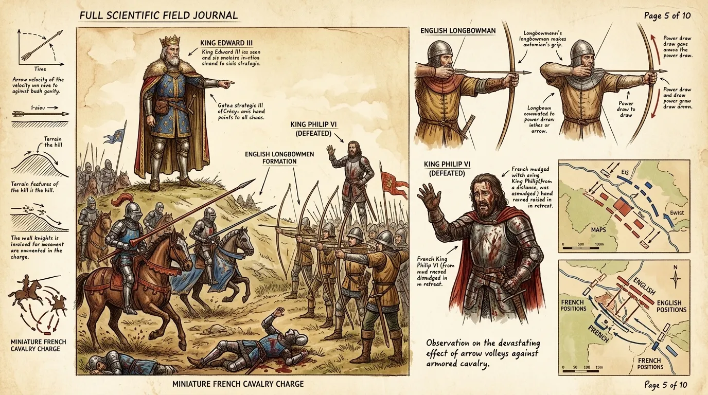 El rey Eduardo Tercero estaba de pie sobre una colina, observando el campo de batalla en Crécy. Los caballeros franceses cargaron cuesta arriba contra los…