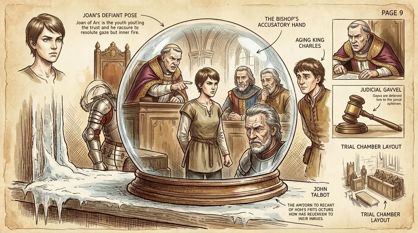Capturada por los ingleses, Juana de Arco fue sometida a juicio por herejía. El obispo Pierre Cauchon, un clérigo severo e implacable, presidió el proceso.