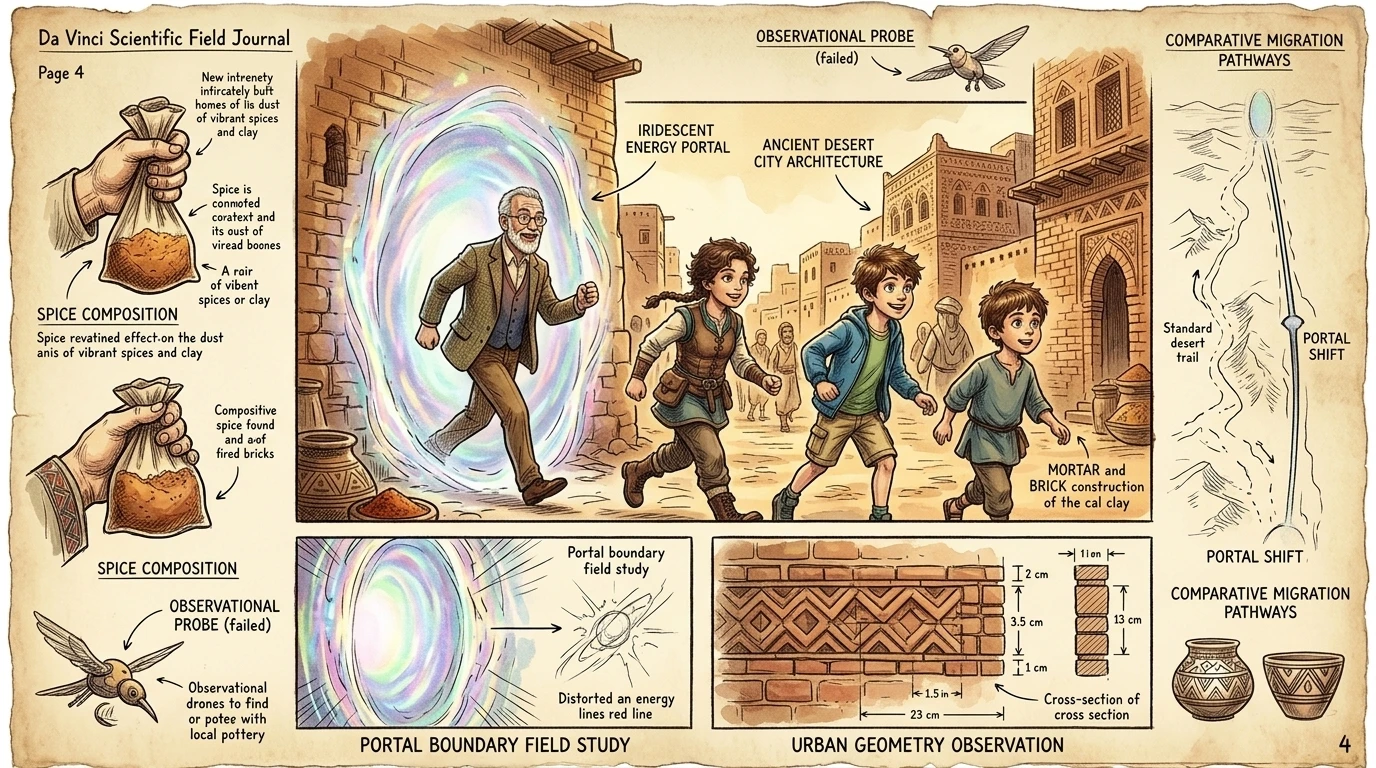 With a twist of the compass, a shimmering portal opened. "Step lively!" Mr. Elahi exclaimed, leading the way. They stepped through, finding themselves in a… With a twist of the compass, a shimmering portal opened. "Step lively!" Mr. Elahi exclaimed, leading the way. They stepped through, finding themselves in a…