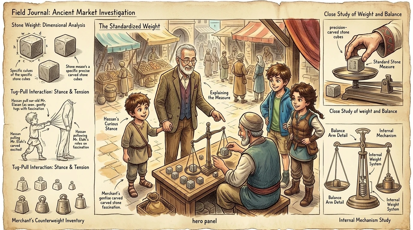 Hassan, wide-eyed, tugged at Mr. Elahi's robe. "Look! They're using a special kind of weight to measure!" he exclaimed, pointing to a merchant weighing goods… Hassan, wide-eyed, tugged at Mr. Elahi's robe. "Look! They're using a special kind of weight to measure!" he exclaimed, pointing to a merchant weighing goods…