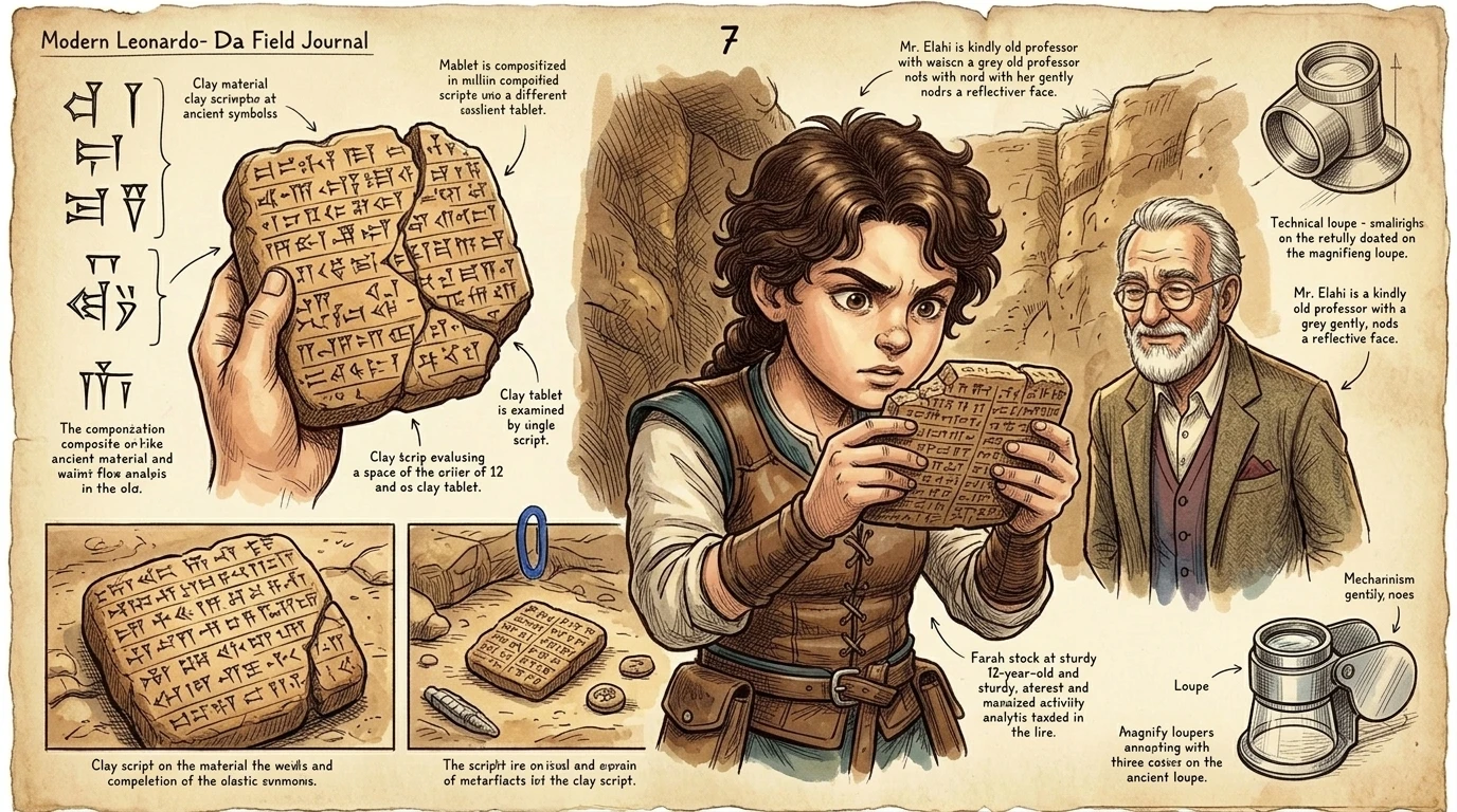 "Their writing, though..." Farah mused, examining a fragment of a clay tablet. "It's still a mystery." Mr. Elahi nodded. "Their writing, though..." Farah mused, examining a fragment of a clay tablet. "It's still a mystery." Mr. Elahi nodded.