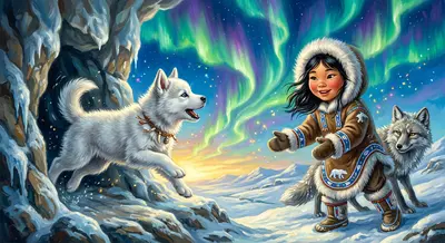 Nanuq, with Aputi and Ikaluk guiding him with their voices, wriggled through the narrow passage. He reappeared on the other side, barking triumphantly! Nanuq, with Aputi and Ikaluk guiding him with their voices, wriggled through the narrow passage. He reappeared on the other side, barking triumphantly!