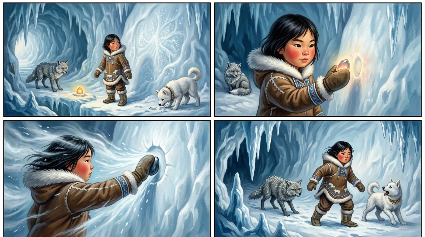 Aputi approached the snow wall, the Sunstone held tightly in her hand. It radiated a gentle heat, warming her skin. She touched the stone to the wall, and a… Aputi approached the snow wall, the Sunstone held tightly in her hand. It radiated a gentle heat, warming her skin. She touched the stone to the wall, and a…