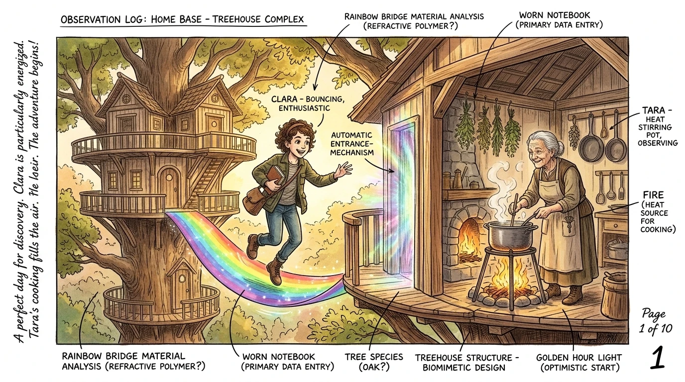 Clara bounced on a rainbow bridge connecting two treehouses, her worn leather notebook clutched in her hand. "Grandma Tara, how do these automatic doors even… Clara bounced on a rainbow bridge connecting two treehouses, her worn leather notebook clutched in her hand. "Grandma Tara, how do these automatic doors even…