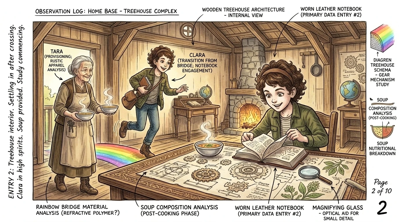 Clara hopped off the bridge and into their treehouse, settling at a table covered in diagrams. "But who invented electricity that makes doors open?" she mused… Clara hopped off the bridge and into their treehouse, settling at a table covered in diagrams. "But who invented electricity that makes doors open?" she mused…
