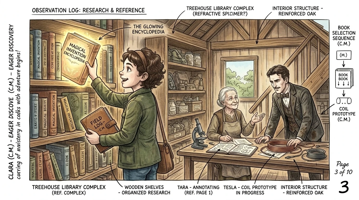Clara's eyes widened as she remembered her Magical Invention Encyclopedia. "Wait a minute!" she exclaimed, rushing to a shelf laden with books. Clara's eyes widened as she remembered her Magical Invention Encyclopedia. "Wait a minute!" she exclaimed, rushing to a shelf laden with books.