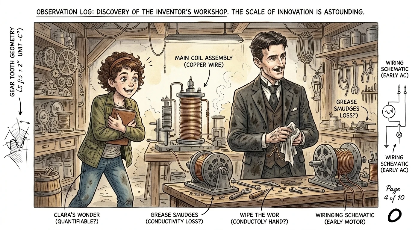 Suddenly, the room dissolved into swirling colors! Clara found herself standing in a dusty workshop, surrounded by gears and wires. Suddenly, the room dissolved into swirling colors! Clara found herself standing in a dusty workshop, surrounded by gears and wires.
