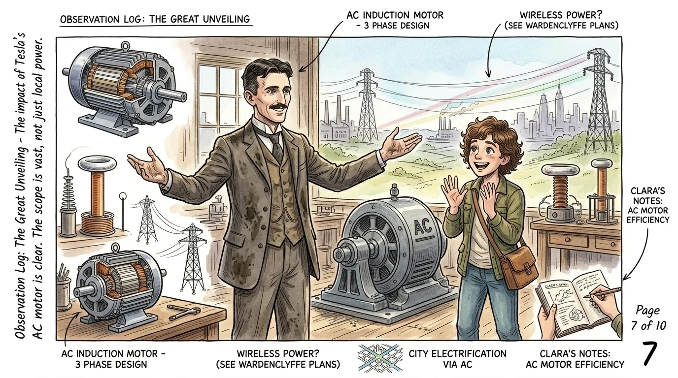 "Wow! So, all those factories and lights... they're all powered by this kind of motor?" Clara asked, amazed. Tesla nodded. "Precisely! "Wow! So, all those factories and lights... they're all powered by this kind of motor?" Clara asked, amazed. Tesla nodded. "Precisely!