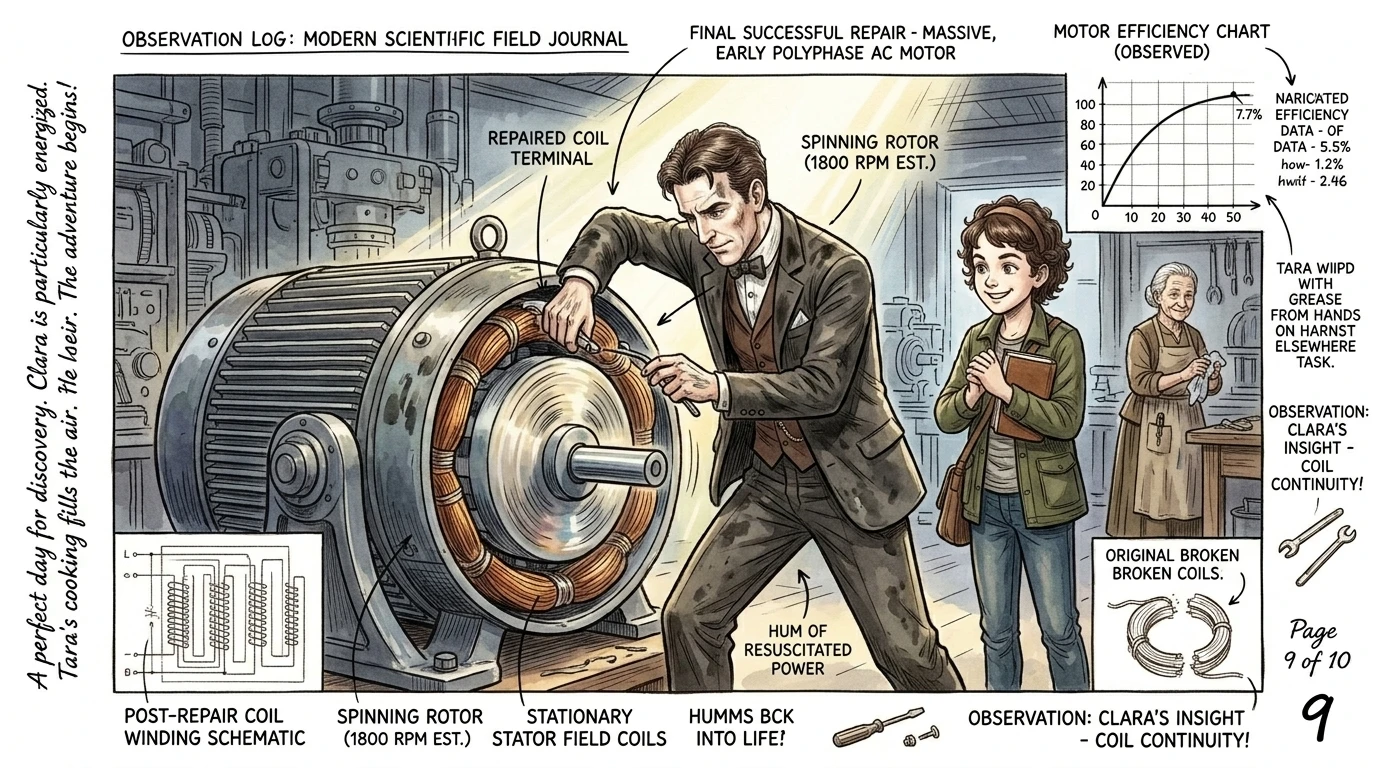 Tesla quickly reconnected the coil, following Clara's directions. The motor hummed back to life, its rotating parts spinning smoothly. Tesla quickly reconnected the coil, following Clara's directions. The motor hummed back to life, its rotating parts spinning smoothly.