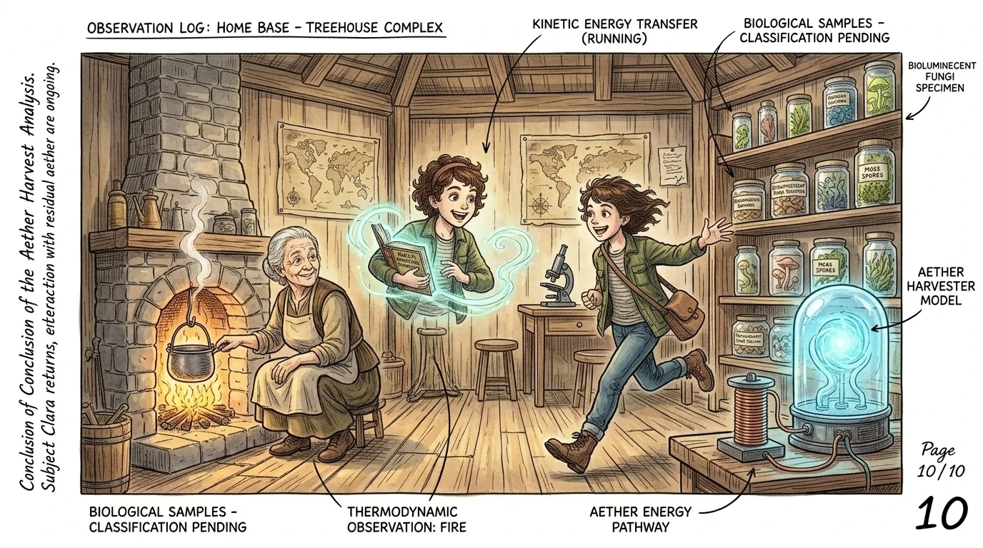 Suddenly, Clara was back in her treehouse, the Encyclopedia glowing faintly. She ran to Tara, who was still tending the fire. "Grandma! I met Nikola Tesla! Suddenly, Clara was back in her treehouse, the Encyclopedia glowing faintly. She ran to Tara, who was still tending the fire. "Grandma! I met Nikola Tesla!